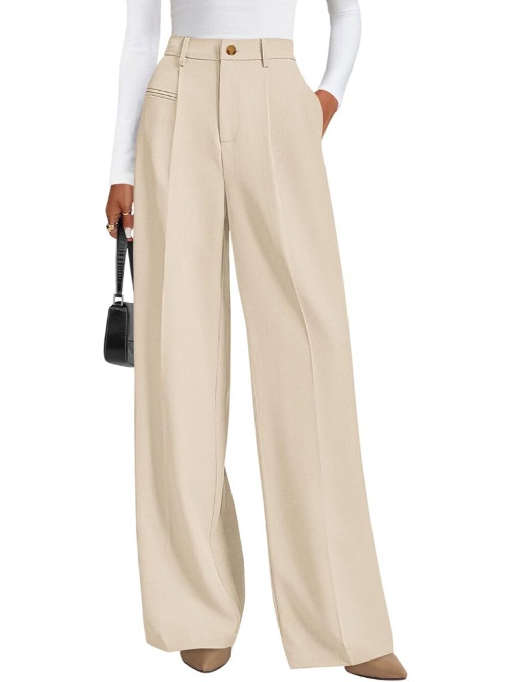 Women's Wide Leg Dress Pants Beige Flowy Pants High Waisted Slacks Trousers
